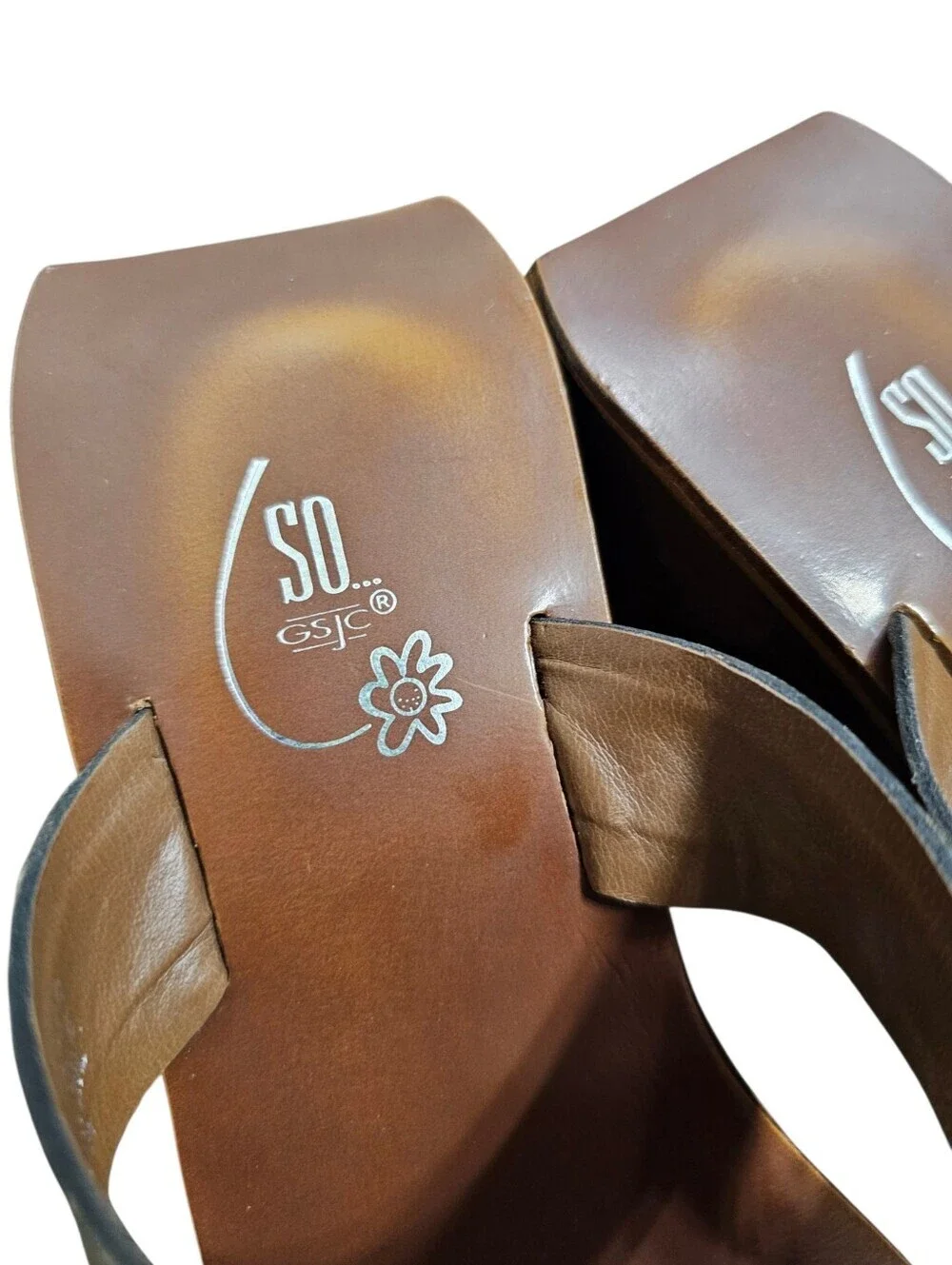 Y2k SO GSJC Brown Leather Strap open toe Wood Wedge chunky sandals